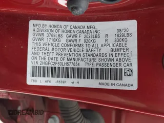 2020 Honda Civic LX с VIN 2HGFC2F60LH577654, выставлен на аукционе IAAI как лот 41996439 с пробегом 41 851 миль миль и . История ставок и продаж доступна на DreamBid. Изображение 9.