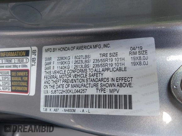2019 Acura RDX with VIN 5J8TC2H30KL044257, listed as a IAAI auction lot 41727901 with 30,304 mi miles and . Bid and sale history available at DreamBid. Image 9.
