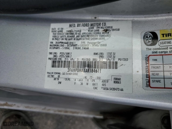 2010 Ford Fusion SE with VIN 3FAHP0HAXAR184611, listed as a Copart auction lot 49190085 with 129,111 mi miles and Clean Title. Bid and sale history available at carsss.com. Image 12.