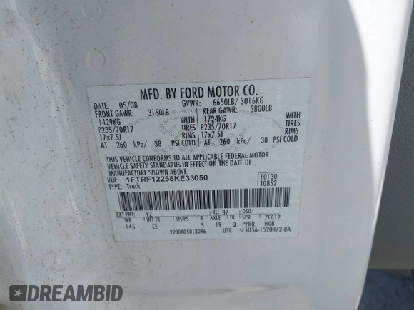2008 Ford F-150 XL with VIN 1FTRF12258KE33050, listed as a IAAI auction lot 42149750 with 207,015 mi miles. Bid and sale history available at carsss.com. Image 9.