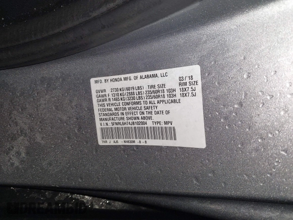 2018 Honda Odyssey EX-L with VIN 5FNRL6H74JB102004, listed as a IAAI auction lot 41724551 with 85,083 mi miles and . Bid and sale history available at DreamBid. Image 9.