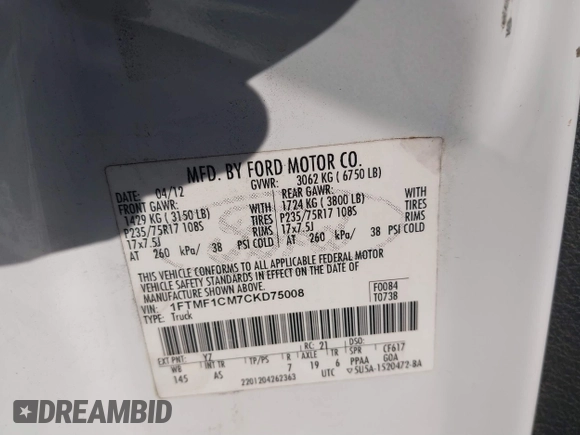 2012 Ford F-150 XL with VIN 1FTMF1CM7CKD75008, listed as a IAAI auction lot 41827726 with 179,016 mi miles. Bid and sale history available at carsss.com. Image 9.