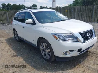 2014 Nissan Pathfinder Platinum Hybrid z VIN 5N1CR2MM1EC638030, wystawiony jako IAAI lot #42469667 z przebiegiem 140 536 mil mil oraz . Historia ofert i sprzedaży dostępna na DreamBid. Obrazek 1.