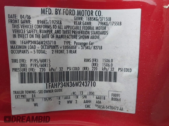 2006 Ford Focus S с VIN 1FAHP34N36W243710, выставлен на аукционе IAAI как лот 42611033 с пробегом 156 960 миль миль и . История ставок и продаж доступна на DreamBid. Изображение 9.