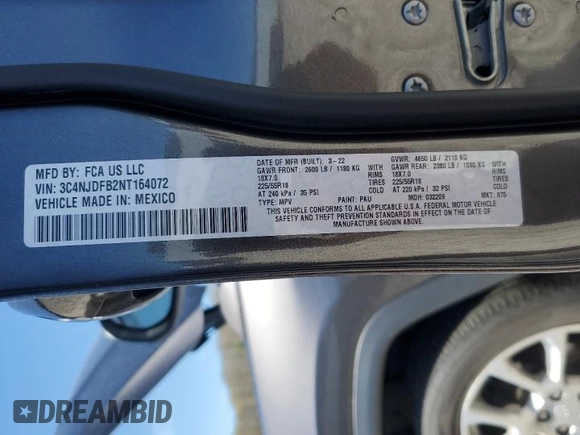 2022 Jeep Compass Latitude Lux with VIN 3C4NJDFB2NT164072, listed as a Copart auction lot 55399095 with 33,666 mi miles and Salvage title. Bid and sale history available at DreamBid. Image 13.