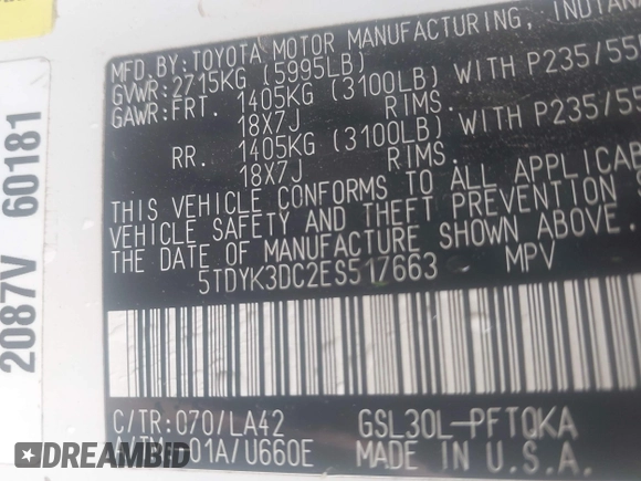 2014 Toyota Sienna XLE with VIN 5TDYK3DC2ES517663, listed as a IAAI auction lot 42171862 with 143,447 mi miles and . Bid and sale history available at DreamBid. Image 9.