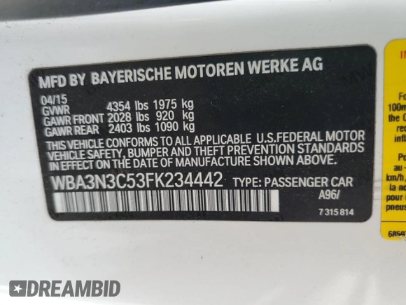 2015 BMW 4 Series 428i with VIN WBA3N3C53FK234442, listed as a Copart auction lot 46535395 with 100,351 mi miles and Salvage Title. Bid and sale history available at DreamBid. Image 14.