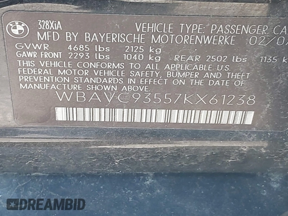 2007 BMW 3 Series 328xi с VIN WBAVC93557KX61238, выставлен на аукционе IAAI как лот 40251584 с пробегом 133 587 миль миль и . История ставок и продаж доступна на DreamBid. Изображение 9.