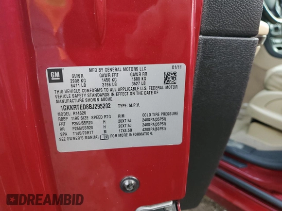 2011 GMC Acadia Denali with VIN 1GKKRTED8BJ295202, listed as a Copart auction lot 85081394 with 159,249 mi miles and Salvage Title. Bid and sale history available at DreamBid. Image 13.