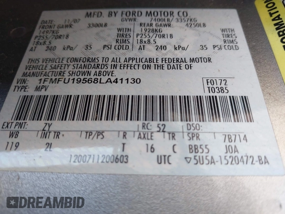 2008 Ford Expedition Limited with VIN 1FMFU19568LA41130, listed as a IAAI auction lot 42485255 with 200,089 mi miles and . Bid and sale history available at DreamBid. Image 9.