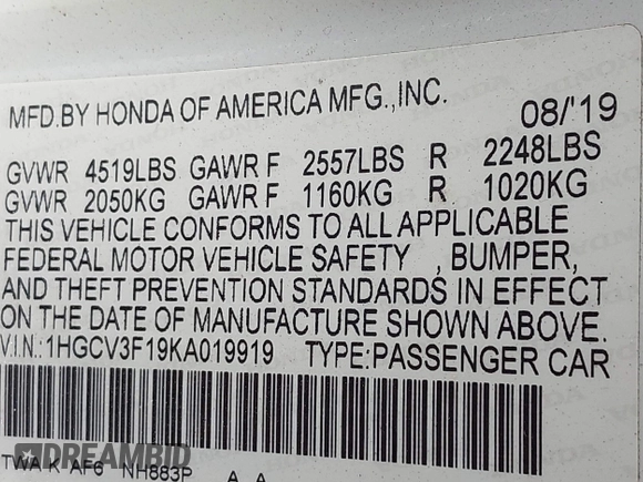 2019 Honda Accord с VIN 1HGCV3F19KA019919, выставлен на аукционе IAAI как лот 42474916 с пробегом 100 966 миль миль и . История ставок и продаж доступна на DreamBid. Изображение 9.