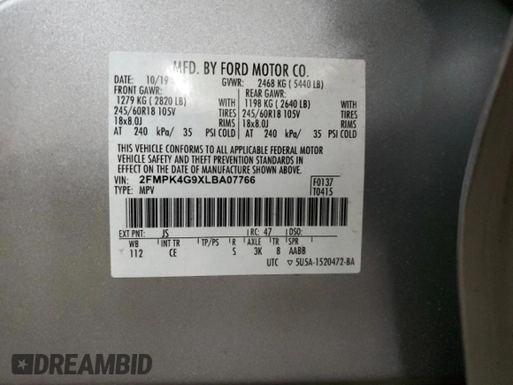 2020 Ford Edge SE z VIN 2FMPK4G9XLBA07766, wystawiony jako Copart lot #56852365 z przebiegiem 151 664 mil mil oraz Szkoda całkowita • Salvage title. Historia ofert i sprzedaży dostępna na DreamBid. Obrazek 14.