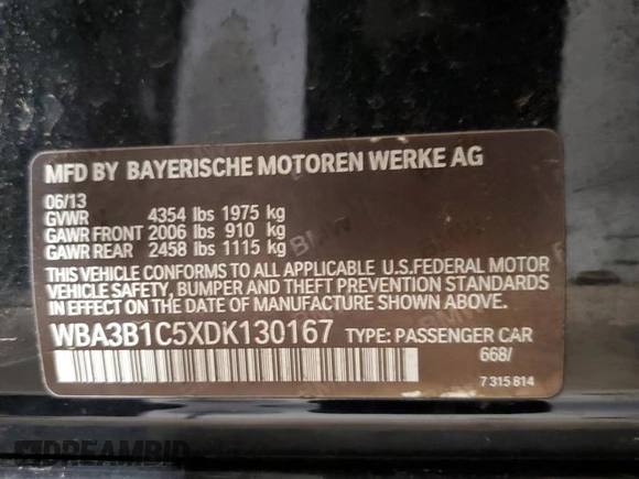 2013 BMW 3 Series 320i with VIN WBA3B1C5XDK130167, listed as a Copart auction lot 60518965 with 129,308 mi miles and Salvage title. Bid and sale history available at DreamBid. Image 13.