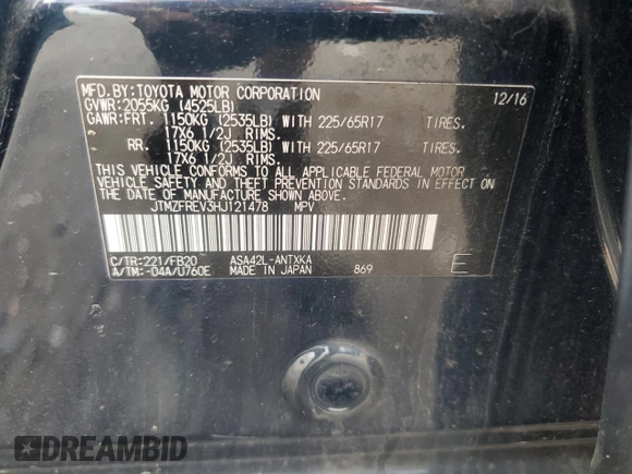 2017 Toyota RAV4 LE with VIN JTMZFREV3HJ121478, listed as a Copart auction lot 56215565 with 262,013 mi miles and Clean Title. Bid and sale history available at DreamBid. Image 13.