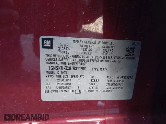 2017 Chevrolet Suburban LT with VIN 1GNSKHKC3HR311901, listed as a IAAI auction lot 40883429 with 141,325 mi miles. Bid and sale history available at carsss.com. Image 9.