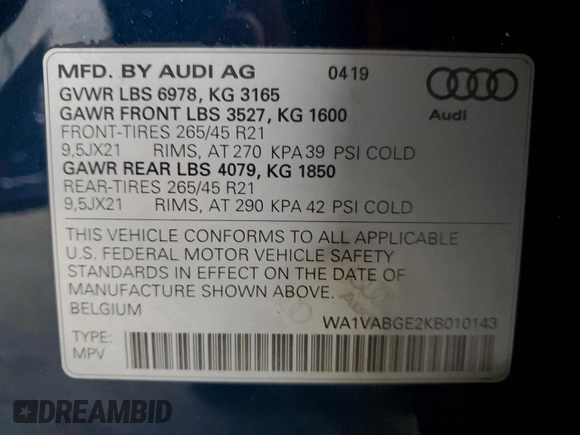 2019 Audi e-tron Prestige with VIN WA1VABGE2KB010143, listed as a Copart auction lot 52039045 with 62,991 mi miles and Salvage Title. Bid and sale history available at DreamBid. Image 12.