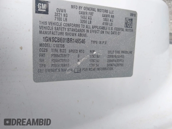 2011 Chevrolet Tahoe LT with VIN 1GNSCBE01BR146546, listed as a IAAI auction lot 39196597 with 206,906 mi miles and . Bid and sale history available at DreamBid. Image 9.