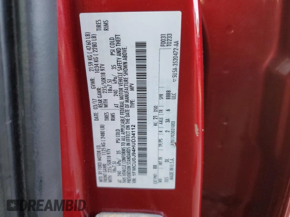 2017 Ford Escape Titanium with VIN 1FMCU0J94HUD34112, listed as a Copart auction lot 85837974 with 127,576 mi miles and Salvage Title. Bid and sale history available at carsss.com. Image 12.