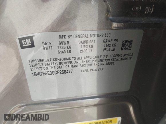 2012 Buick LaCrosse Premium 1 with VIN 1G4GE5E30CF268477, listed as a IAAI auction lot 42360737 with 44,860 mi miles and . Bid and sale history available at DreamBid. Image 9.