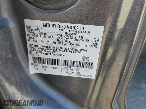 2013 Ford F-250 XL with VIN 1FT7X2BT2DEA39811, listed as a Copart auction lot 59900645 with 207,868 mi miles and Salvage title. Bid and sale history available at DreamBid. Image 12.