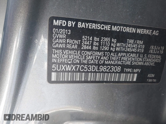 2013 BMW X3 xDrive35i with VIN 5UXWX7C53DL982308, listed as a IAAI auction lot 41641401 with 222,922 mi miles and . Bid and sale history available at DreamBid. Image 9.