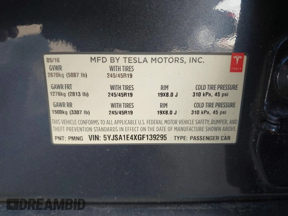 2016 Tesla Model S 90D с VIN 5YJSA1E4XGF139295, выставлен на аукционе IAAI как лот 41292861 с пробегом 72 235 миль миль и . История ставок и продаж доступна на DreamBid. Изображение 9.