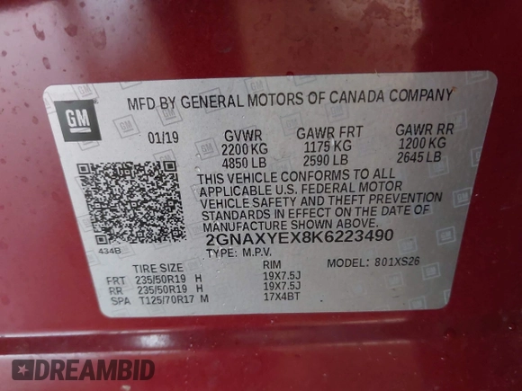 2019 Chevrolet Equinox Premier with VIN 2GNAXYEX8K6223490, listed as a IAAI auction lot 41979705 with 57,462 mi miles. Bid and sale history available at carsss.com. Image 9.