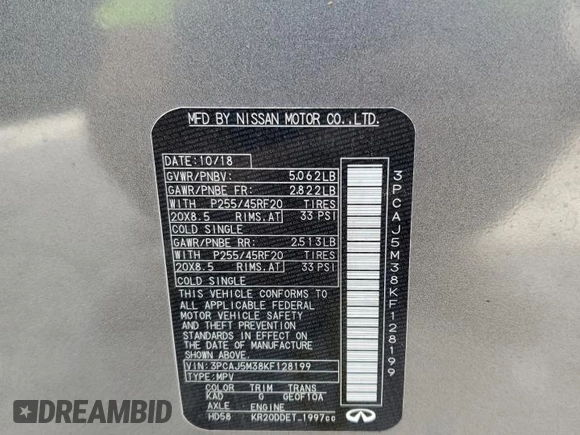 2019 Infiniti QX50 Essential with VIN 3PCAJ5M38KF128199, listed as a Copart auction lot 56587525 with 58,392 mi miles and Salvage title. Bid and sale history available at DreamBid. Image 14.
