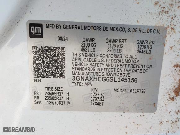 2025 Chevrolet Equinox FWD LT with VIN 3GNAXHEG6SL145156, listed as a IAAI auction lot 41656512 with 3,519 mi miles. Bid and sale history available at carsss.com. Image 9.