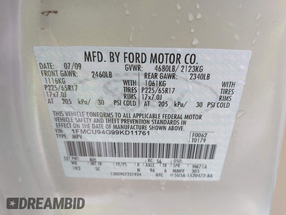 2009 Ford Escape Limited с VIN 1FMCU94G99KD11761, выставлен на аукционе IAAI как лот 41602792 с пробегом 117 365 миль миль и . История ставок и продаж доступна на DreamBid. Изображение 9.