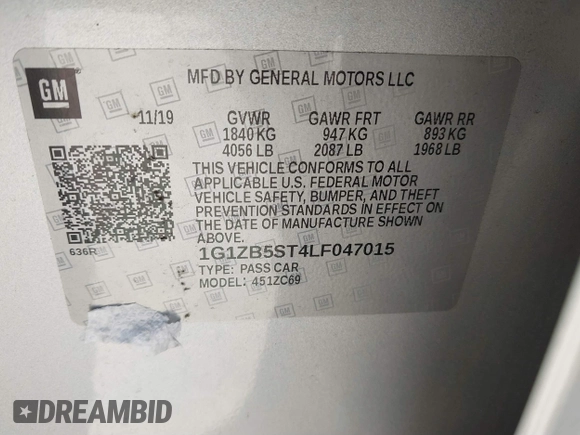 2020 Chevrolet Malibu LS with VIN 1G1ZB5ST4LF047015, listed as a IAAI auction lot 41680005 with 90,461 mi miles and . Bid and sale history available at DreamBid. Image 9.