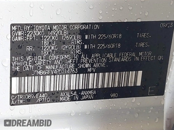2023 Toyota RAV4 Hybrid XLE Premium with VIN JTMB6RFV4PD114763, listed as a IAAI auction lot 41766812 with 6,768 mi miles. Bid and sale history available at carsss.com. Image 9.