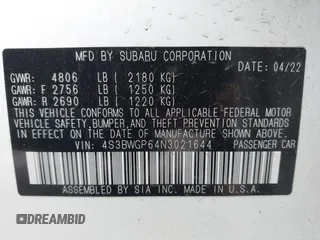 2022 Subaru Legacy Touring XT with VIN 4S3BWGP64N3021644, listed as a IAAI auction lot 42007846 with 31,891 mi miles and . Bid and sale history available at DreamBid. Image 9.