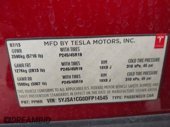2013 Tesla Model S with VIN 5YJSA1CG0DFP14545, listed as a IAAI auction lot 41806844 with Not Provided miles. Bid and sale history available at carsss.com. Image 9.