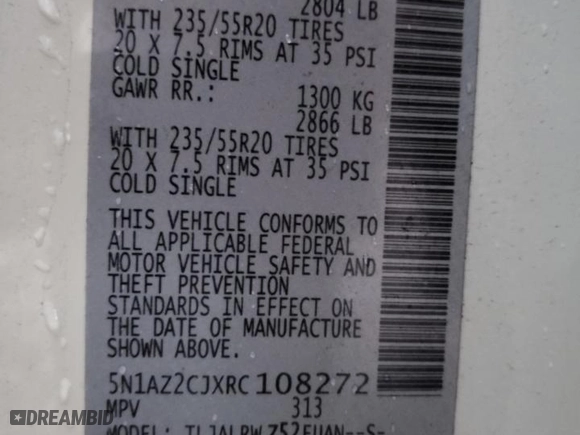 2024 Nissan Murano SL with VIN 5N1AZ2CJXRC108272, listed as a Copart auction lot 84890004 with 13,876 mi miles and Salvage Title. Bid and sale history available at carsss.com. Image 15.