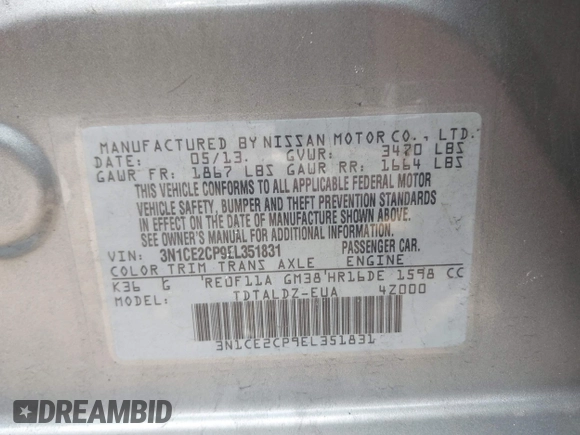 2014 Nissan Note S Plus with VIN 3N1CE2CP9EL351831, listed as a IAAI auction lot 41921488 with 119,360 mi miles and . Bid and sale history available at DreamBid. Image 9.