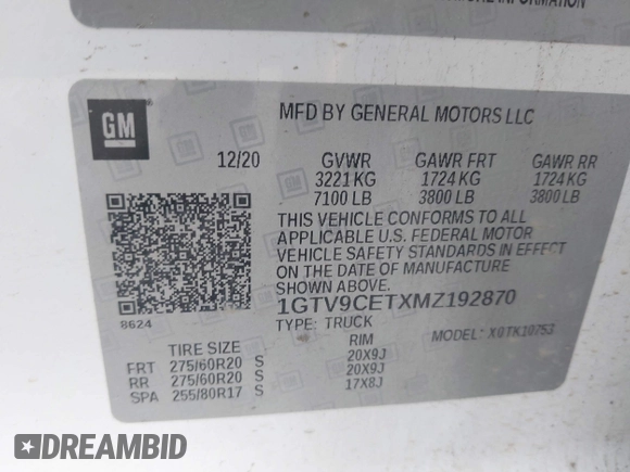 2021 GMC Sierra 1500 with VIN 1GTV9CETXMZ192870, listed as a IAAI auction lot 42189921 with 78,663 mi miles and . Bid and sale history available at DreamBid. Image 9.