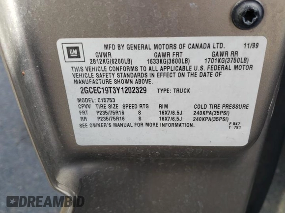 2000 Chevrolet Silverado 1500 LS with VIN 2GCEC19T3Y1202329, listed as a Copart auction lot 52712345 with 149,669 mi miles and Salvage Title. Bid and sale history available at DreamBid. Image 14.