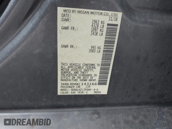 2019 Nissan Altima SV z VIN 1N4BL4DV6KC143166, wystawiony jako IAAI lot #42245892 z przebiegiem 57 770 mil mil oraz . Historia ofert i sprzedaży dostępna na DreamBid. Obrazek 9.