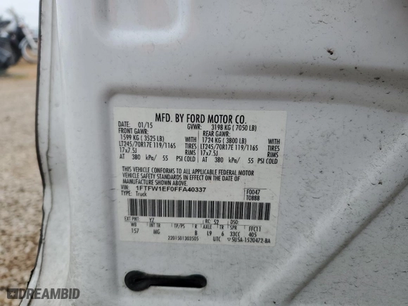 2015 Ford F-150 XLT w/HD Payload Pkg with VIN 1FTFW1EF0FFA40337, listed as a Copart auction lot 47104645 with 205,611 mi miles and Clean Title. Bid and sale history available at carsss.com. Image 12.