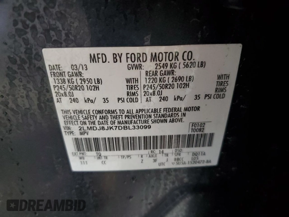 2013 Lincoln MKX with VIN 2LMDJ8JK7DBL33099, listed as a Copart auction lot 53753875 with 0 mi miles and Salvage Title. Bid and sale history available at carsss.com. Image 13.