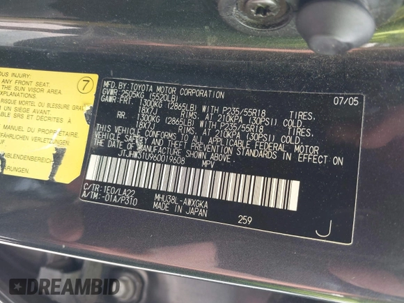 2006 Lexus RX 400h с VIN JTJHW31U960019608, выставлен на аукционе IAAI как лот 42404446 с пробегом 115 801 миль миль и . История ставок и продаж доступна на DreamBid. Изображение 9.