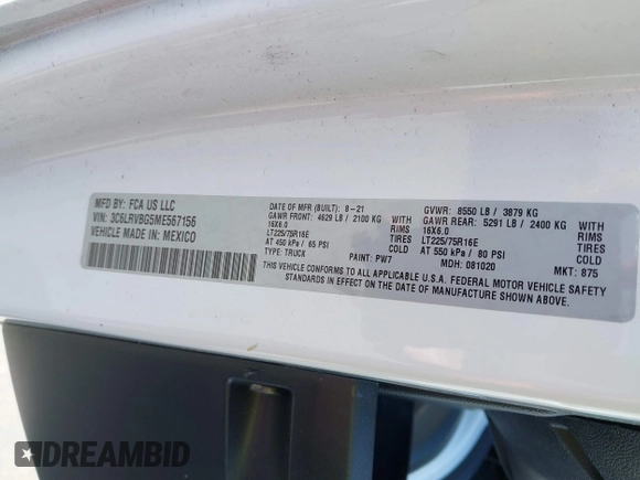 2021 Ram ProMaster Cargo with VIN 3C6LRVBG5ME567156, listed as a IAAI auction lot 42158140 with 43,436 mi miles. Bid and sale history available at carsss.com. Image 9.
