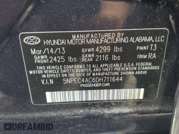 2013 Hyundai Sonata Limited z VIN 5NPEC4AC6DH711644, wystawiony jako Copart lot #61027705 z przebiegiem 65 443 mil mil oraz Szkoda całkowita • Salvage title. Historia ofert i sprzedaży dostępna na DreamBid. Obrazek 13.