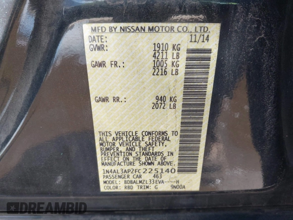 2015 Nissan Altima SV with VIN 1N4AL3AP2FC225140, listed as a IAAI auction lot 42073500 with 190,754 mi miles and . Bid and sale history available at carsss.com. Image 9.