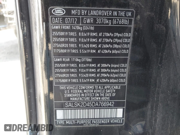2013 Land Rover Range Rover Sport HSE Lux with VIN SALSK2D45DA766942, listed as a IAAI auction lot 41687527 with Not provided miles and . Bid and sale history available at DreamBid. Image 9.
