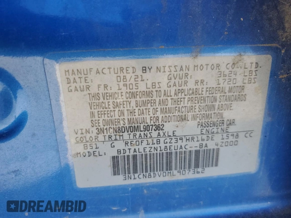2021 Nissan Versa S with VIN 3N1CN8DV0ML907362, listed as a Copart auction lot 46853095 with 51,868 mi miles and Salvage Title. Bid and sale history available at carsss.com. Image 13.