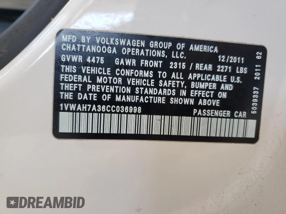 2012 Volkswagen Passat S с VIN 1VWAH7A36CC036998, выставлен на аукционе Copart как лот 60655295 с пробегом 150 557 миль миль и Списание • Salvage title. История ставок и продаж доступна на DreamBid. Изображение 12.