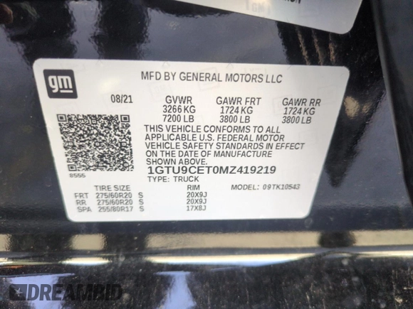 2021 GMC Sierra 1500 Elevation z VIN 1GTU9CET0MZ419219, wystawiony jako Copart lot #57103975 z przebiegiem 49 637 mil mil oraz Szkoda całkowita • Salvage title. Historia ofert i sprzedaży dostępna na DreamBid. Obrazek 12.