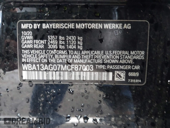 2021 BMW 5 Series 530e with VIN WBA13AG07MCF87003, listed as a IAAI auction lot 41550152 with 52,214 mi miles and . Bid and sale history available at carsss.com. Image 9.